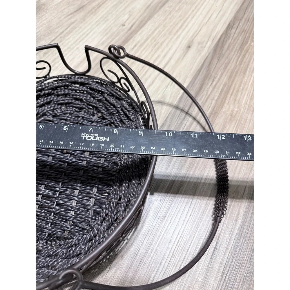 Dark Brown Oval Woven Basket Metal Frame Scrollwork Handles Farmhouse Decor
